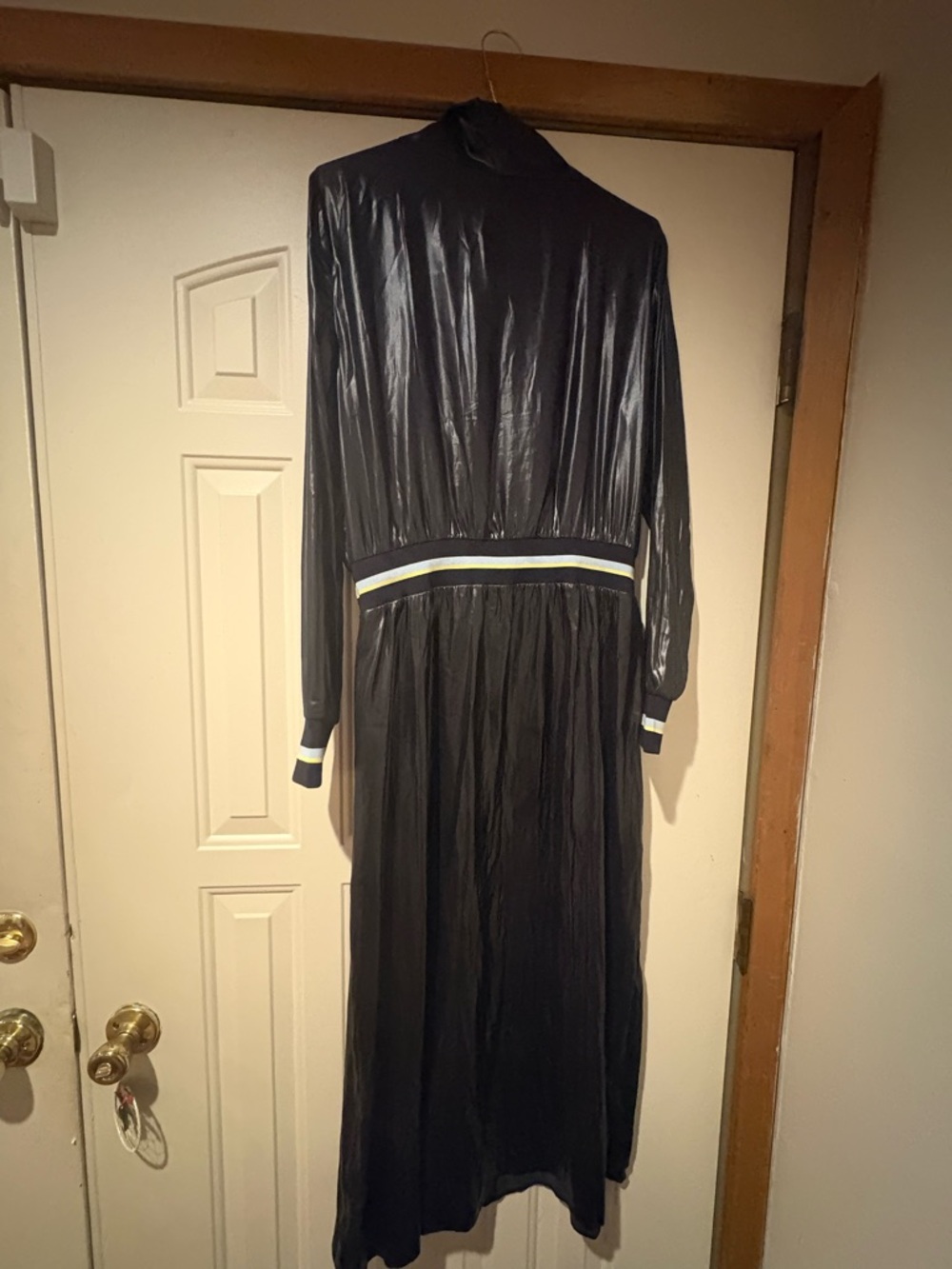 BCBG Black Long-Sleeve Maxi Dress with Contrasting Waist Stripe